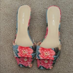 Nine West Blue Floral Open-Toe Slip-On Mules